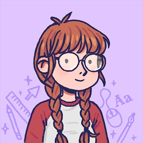 Cartoon-style illustration of a girl with glasses and braided hair, wearing a red and white shirt, with design-themed icons like a pencil, ruler, mouse, and text symbols in the background on a light purple backdrop